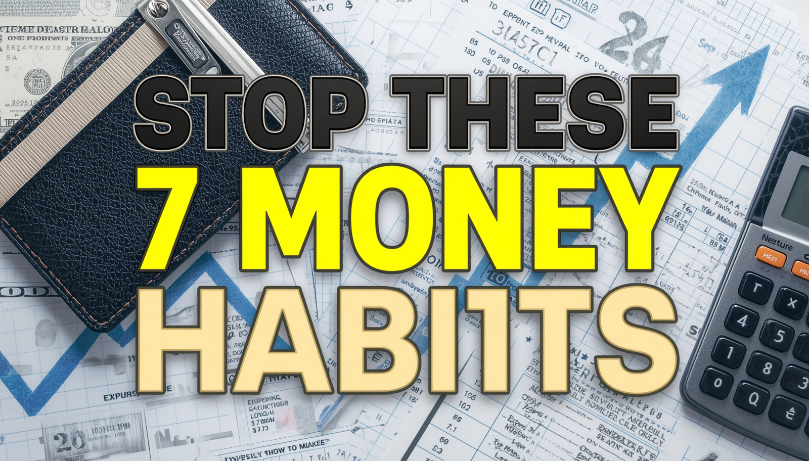 Bold YouTube thumbnail style image with large bold text _STOP THESE 7 MONEY HABITS_ prominently displayed. Background shows a wallet, calculator, expense receipts scattered around, and a subtle upward growth graph